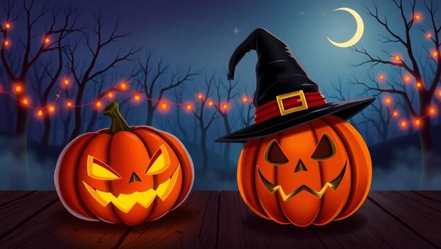 Spooky halloween night with carved pumpkins glowing with eerie light under a crescent moon and festive string lights.
