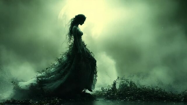 Ghostly Woman Silhouette in Eerie Green Moonlight.