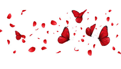 A serene composition featuring red butterflies gracefully fluttering amidst scattered rose petals against a clean white background. evoking feelings of beauty and tranquility