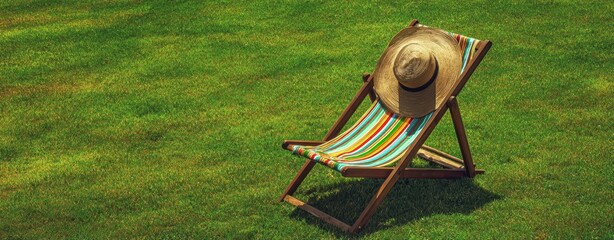 The striped deck chair with sun hat resting on lush green summer lawn
