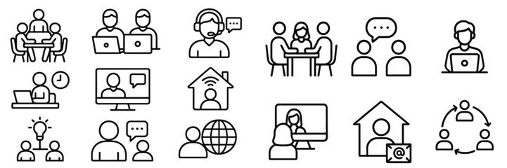 Variety of icons representing teamwork, communication, and remote work in a modern office environment