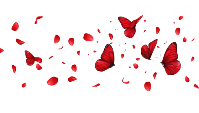 A serene composition featuring red butterflies gracefully fluttering amidst scattered rose petals against a clean white background. evoking feelings of beauty and tranquility