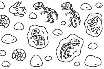 Dinosaur skeletons and fossils scattered across a rocky surface in a playful illustration scene