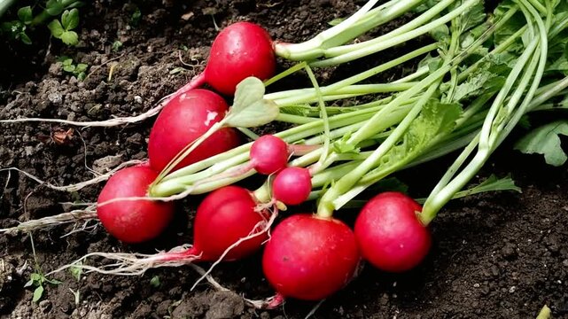 Freshly harvested radishes lie on the dark, fertile soil of the garden