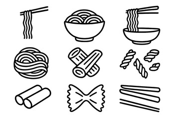 Different types of noodles and pasta displayed in simple black line art