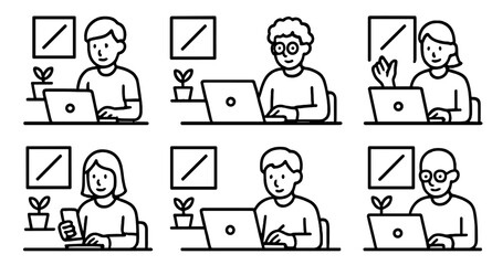 Young adults engaged in various activities using laptops and mobile devices in a bright, modern workspace