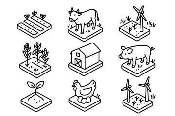 Farm layout with animals, crops, and renewable energy sources drawn in simple outlines