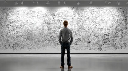 Obraz premium Young man stands in front of an intricate black and white mural filled with abstract doodles and sketches, contemplating the artistic expression in a modern gallery space