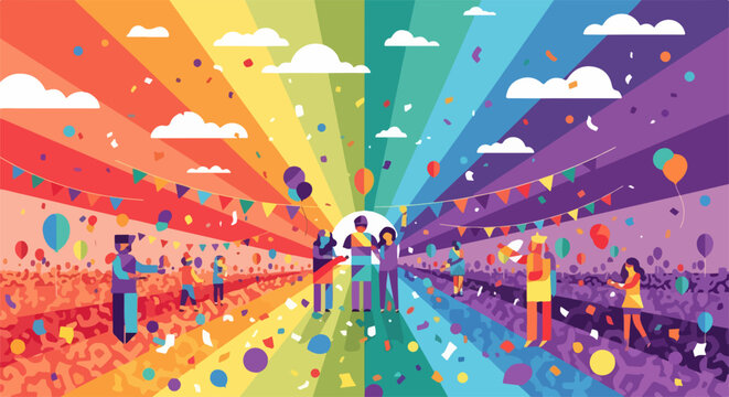 Rainbow celebration with people and balloons creates festive atmosphere, capturing joy and community spirit. Rainbow backdrop features confetti and streamers, symbolizing inclusivity and happiness.