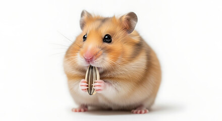 A golden hamster holding a sunflower seed with its tiny paws on a plain white background studio shot