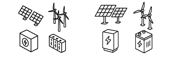 Renewable energy icons showcasing solar panels and wind turbines in a clear and simple design