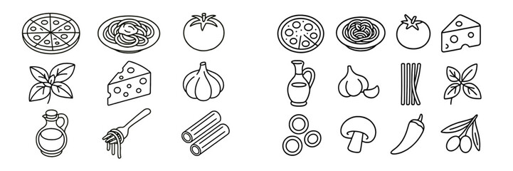 Illustration of various food items including pizza, pasta, and vegetables in a geometric design