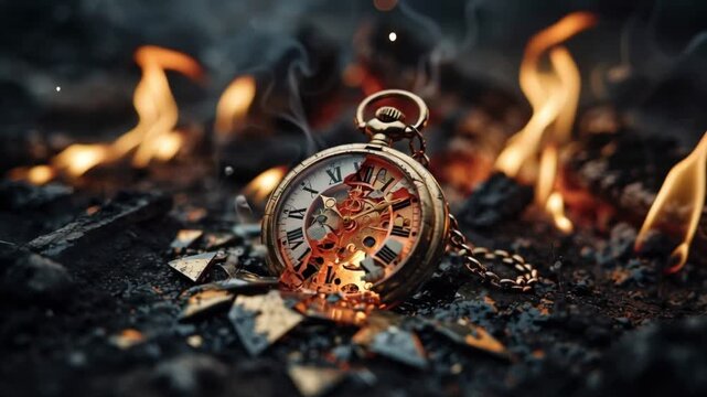 Broken Time A Pocket Watch Amidst Flames and Shattered Glass