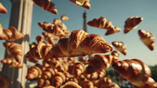 A delightful cascade of golden-brown croissants floats dreamily against a soft, sunlit backdrop, evoking a taste of Parisian indulgence