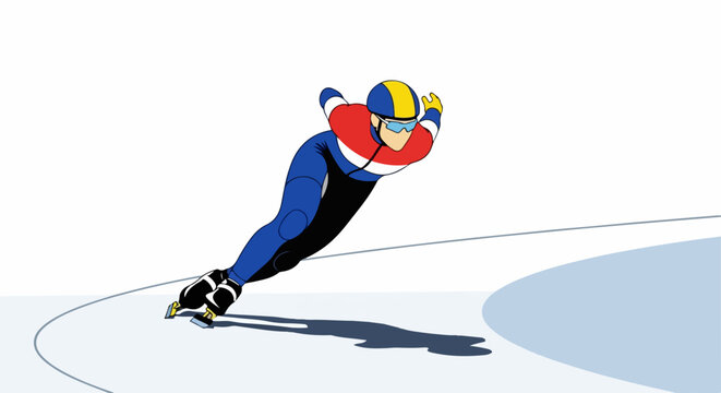 Short track speed skating competitor gliding around turn on ice rink. Short track speed skating is a winter Olympic sport demanding speed and agility,