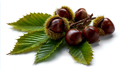 Image of chestnuts with green leaves isolated on a white background,in white font in the top right corner, high-resolution photography