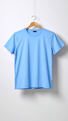 Realistic Unisex Light Blue T Shirt Mockup Flat Hanging on Neutral Background