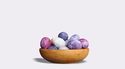 Colorful Easter eggs in a wooden container. Cosmic theme. Pastel colors, blue dominance, minimalist egg decoration. Modern, futuristic, sustainable Easter