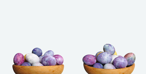 Modern Easter eggs in a wooden container. Two bowls with eggs. Cosmic theme. Pastel colors, blue dominance, minimalist egg decoration. Modern, futuristic, sustainable Easter