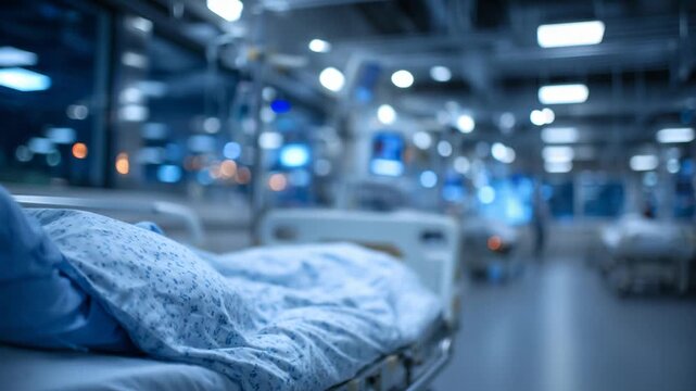 A dramatic health crisis atmosphere is evoked by a close-up of empty medical beds in a dimly lit corridor with sterile textures and metallic details.
