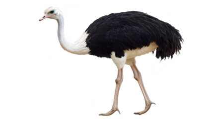 A majestic ostrich walking gracefully on a white background. its striking black and white feathers. perfect for wildlife photography or educational materials