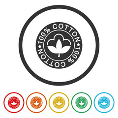 Pure 100 percent natural cotton icon. Set icons in color circle buttons
