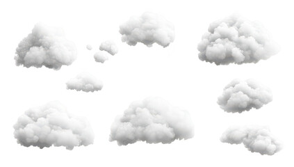 A collection of fluffy. white clouds scattered across a transparent background. ideal for use in digital design projects. enhancing landscapes. or creating atmospheric effects in illustrations