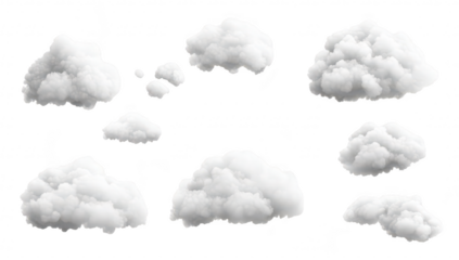 A collection of fluffy. white clouds scattered across a transparent background. ideal for use in digital design projects. enhancing landscapes. or creating atmospheric effects in illustrations