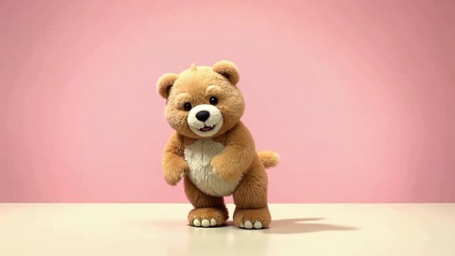 Cute Animated Teddy Bear Toy Walking on a White Background, 3D or Stop Motion Childhood Concept