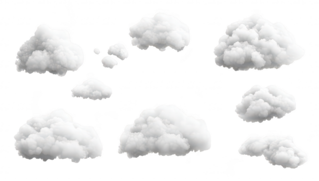 A collection of fluffy. white clouds scattered across a transparent background. ideal for use in digital design projects. enhancing landscapes. or creating atmospheric effects in illustrations