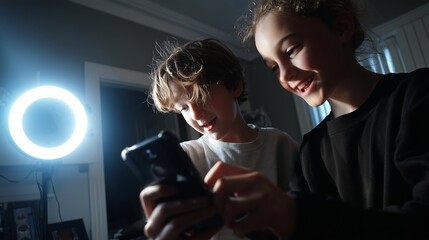 Kids enjoying fun moment while using smartphone near glowing ring light in cozy room