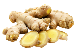 Vibrant, fresh ginger root and slices bursting with natural goodness and culinary potential, perfect for healthy recipes and vibrant dishes.Isolated  to Transparent  Background