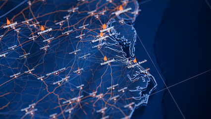 Richmond map big data visualization. Futuristic map infographic of city in USA. Visual map data complexity in modern blue and orange colors