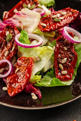 Salad sun-dried tomato green leaf lettuce, onion natural product tasty snack fresh delicious gourmet food background on the table rustic top view copy space keto and paleo diet vegan and vegan food