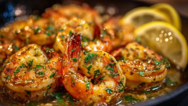 Delicious shrimp scampi in garlic butter sauce with fresh parsley and lemon, captured in a stunning macro shot.