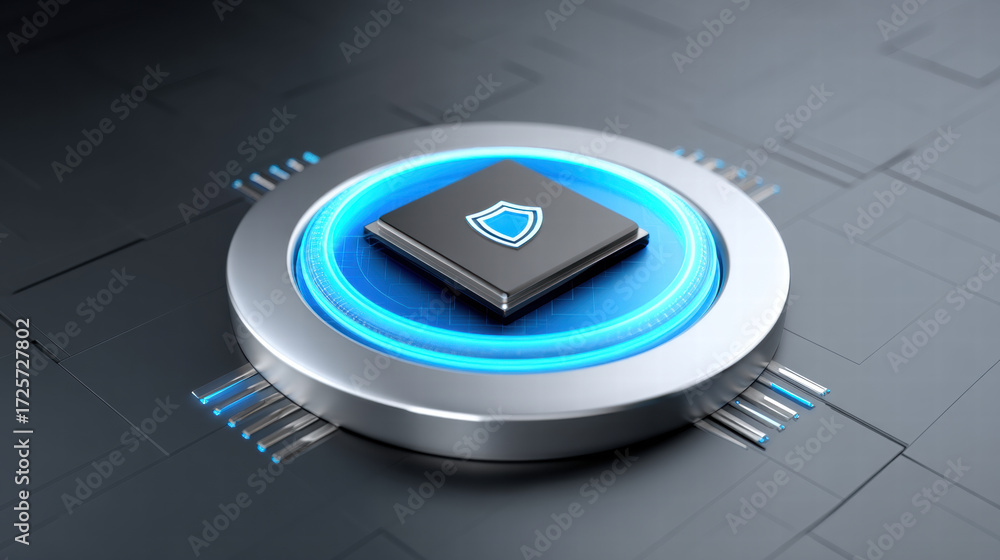Poster ai chip in medical iot cybersecurity concept showing futuristic secure processor with blue glowing s