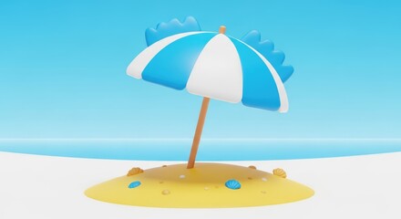 3D Render of a Beach Umbrella on a Small Island with Blue Sky and Ocean Background.