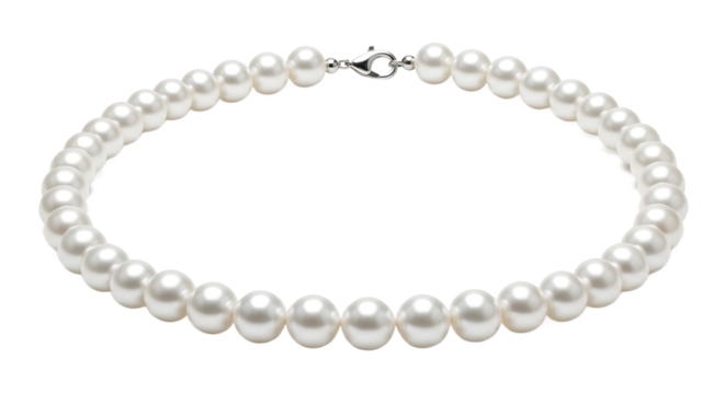 Elegant single strand pearl necklace, a plain object isolated on a clean white background. This high resolution jewelry piece has no shadow, logo, or text