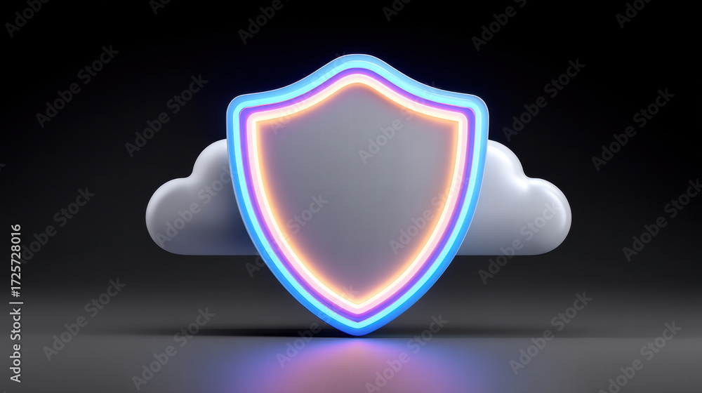 Poster ai chip in secure cloud cybersecurity concept with glowing shield and cloud symbol modern protection