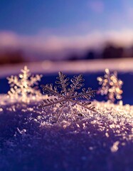View of snowflakes resembling glass artwork, transparent, lighting, on a blurred snowy meadow, surreal and abstract winter illustration.