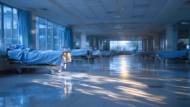 A stark medical corridor with empty beds and shadows highlights the healthcare capacity crisis.