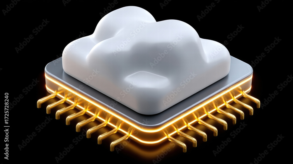 Poster ai chip in secure cloud cybersecurity concept with glowing circuit and cloud shape on black backgrou