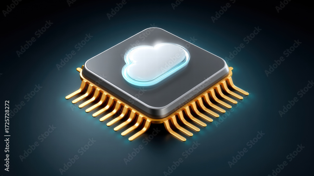 Poster ai chip in secure cloud cybersecurity concept with glowing cloud icon on microchip and gold connecto