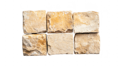 A close-up view of six rustic stone blocks arranged in a linear formation on a clean white surface. their natural textures and earthy colors for use in design or construction projects