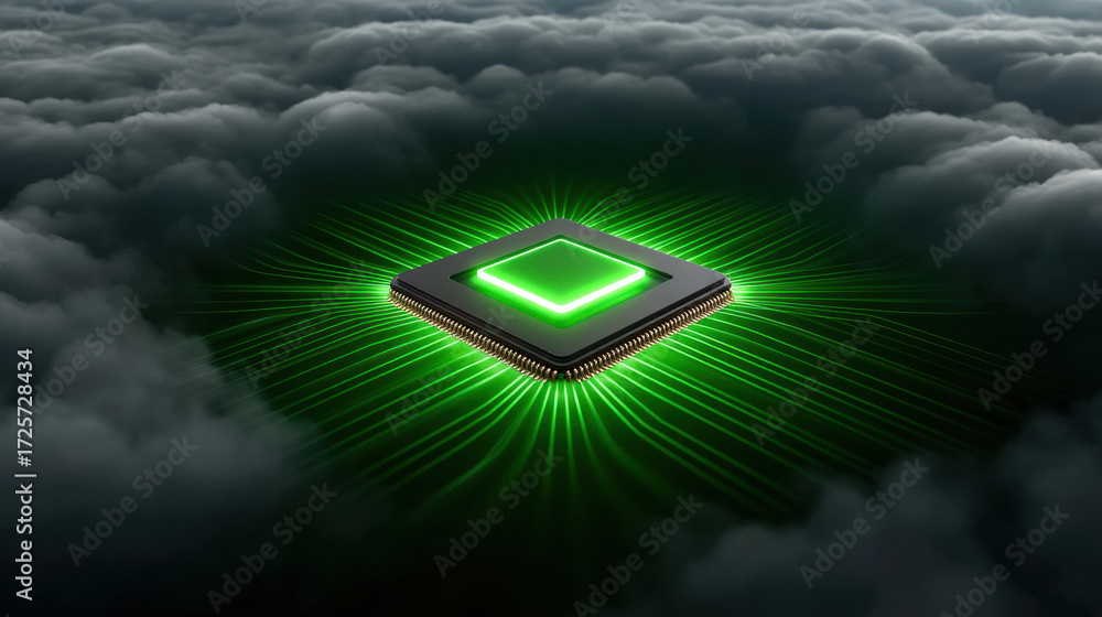 Poster ai chip in sustainable cloud computing technology with glowing green light and futuristic energy in 