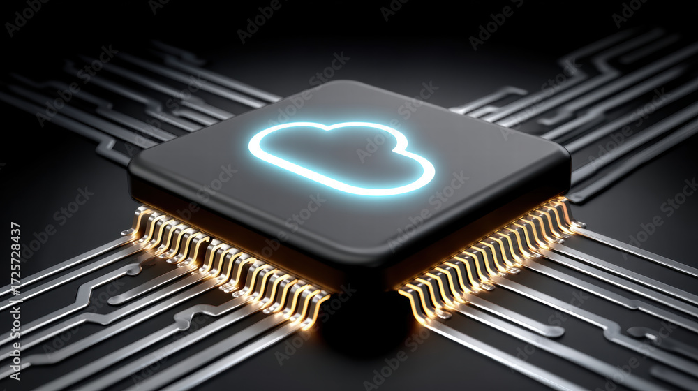 Poster ai chip in sustainable cloud computing technology with glowing cloud icon on black circuit board fut
