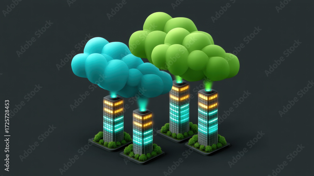 Poster ai chip in sustainable cloud computing concept with modern building and colorful cloud symbolizing e