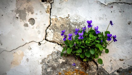 Tiny Violets Blooming Cracked Wall