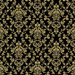 Fototapeta premium Luxurious Black and Gold Damask Seamless Pattern. Exquisite Royal Palace Baroque Wallpaper with Ornate Floral Motifs. Elegant Background for High-End Commercial Use.