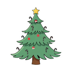Fototapeta premium Stylized Christmas Tree with Star and Red Ornaments Icon